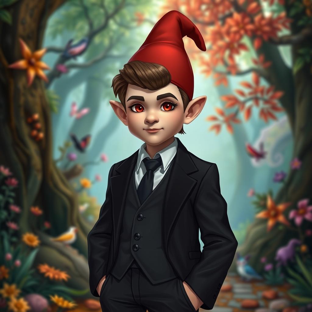 A male gnome wearing a sleek black suit, featuring a dapper appearance with neatly combed brown hair and striking red eyes