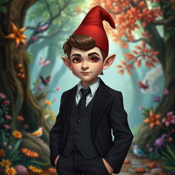 A male gnome wearing a sleek black suit, featuring a dapper appearance with neatly combed brown hair and striking red eyes