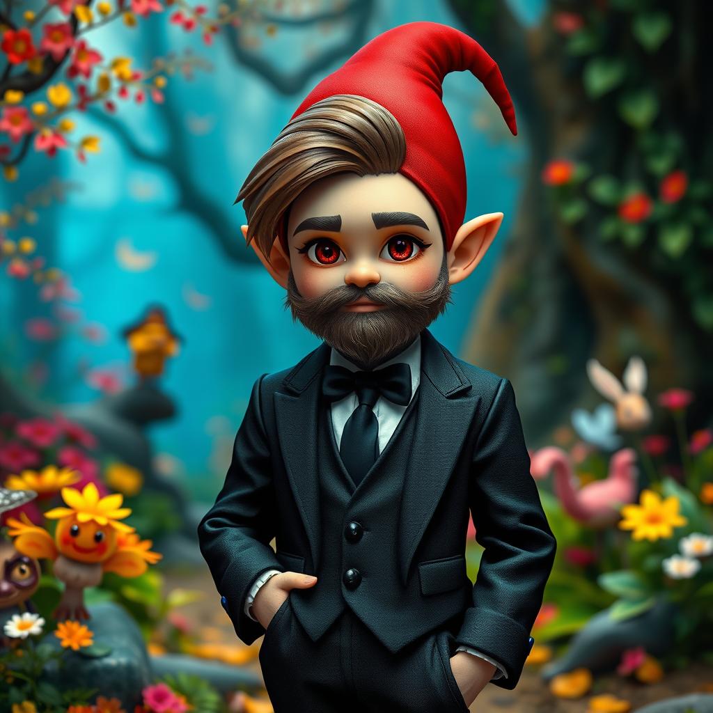 A male gnome wearing a sleek black suit, featuring a dapper appearance with neatly combed brown hair and striking red eyes