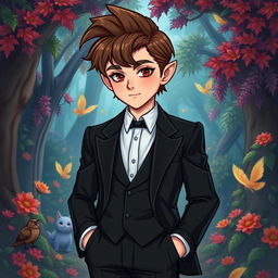 A male gnome wearing a sleek black suit, featuring a dapper appearance with neatly combed brown hair and striking red eyes