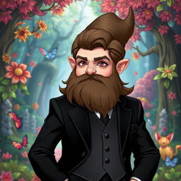 A male gnome wearing a sleek black suit, featuring a dapper appearance with neatly combed brown hair and striking red eyes