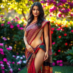 A hot young woman wearing a beautifully draped saree that is styled very low, revealing her midsection and hinting at her panties