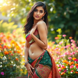 A hot young woman wearing a beautifully draped saree that is styled very low, revealing her midsection and hinting at her panties