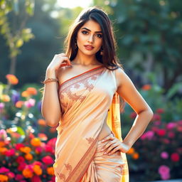 A hot young woman wearing a beautifully draped saree that is styled very low, revealing her midsection and hinting at her panties