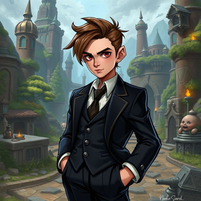 A male gnome character from Dungeons & Dragons, dressed in a tailored black suit, exuding a mix of charm and mystique