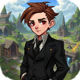 A male gnome character from Dungeons & Dragons, dressed in a tailored black suit, exuding a mix of charm and mystique