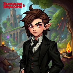 A male gnome character from Dungeons & Dragons, dressed in a tailored black suit, exuding a mix of charm and mystique