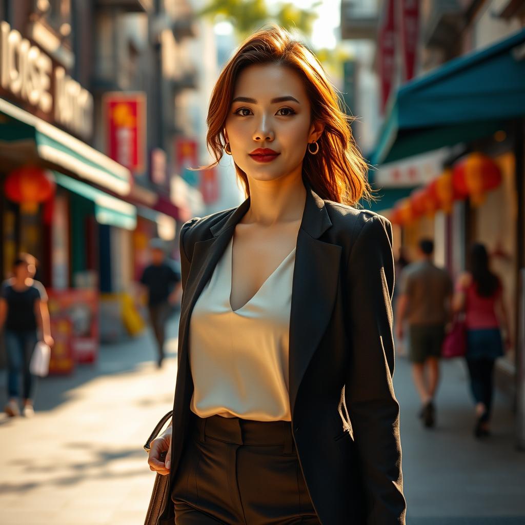 A sexy Chinese woman around 40 years old walking gracefully down a vibrant urban street