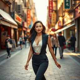 A sexy Chinese woman around 40 years old walking gracefully down a vibrant urban street