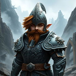 A majestic male gnome clad in intricate, ornate suit of armor, featuring detailed engravings and embellishments that reflect a rich history of battle and valor