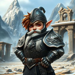 A majestic male gnome clad in intricate, ornate suit of armor, featuring detailed engravings and embellishments that reflect a rich history of battle and valor