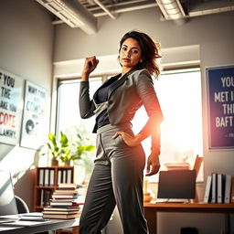 An empowering and motivational scene featuring a confident woman named Neia Santos, who is standing tall with a determined expression