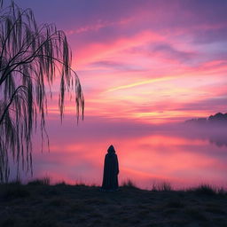 A serene and melancholic landscape at dusk, featuring a vast, still lake reflecting the colorful hues of the sunset