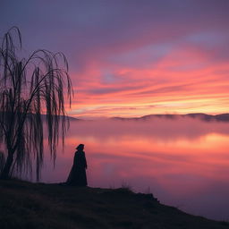 A serene and melancholic landscape at dusk, featuring a vast, still lake reflecting the colorful hues of the sunset