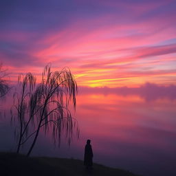 A serene and melancholic landscape at dusk, featuring a vast, still lake reflecting the colorful hues of the sunset