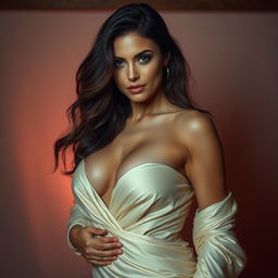 A sexy woman exuding sensuality, dressed in elegantly draped cloth that accentuates her curves while maintaining an air of sophistication