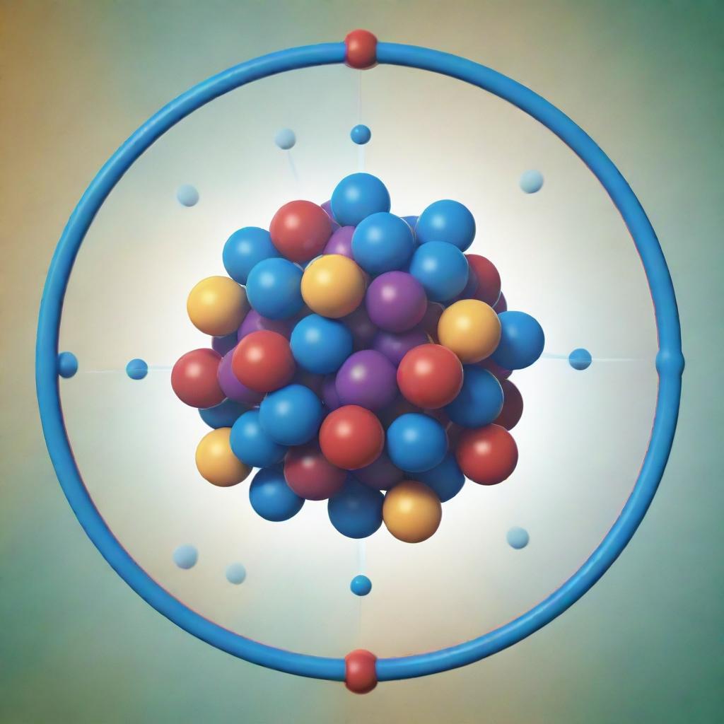 Illustration of an oxygen atom, featuring eight protons and neutrons in the nucleus, with eight electrons in the outer shell, all placed against a vibrant scientific backdrop.