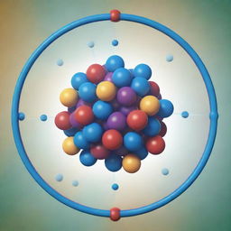 Illustration of an oxygen atom, featuring eight protons and neutrons in the nucleus, with eight electrons in the outer shell, all placed against a vibrant scientific backdrop.