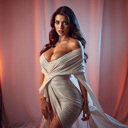 A sexy woman exuding sensuality, dressed in elegantly draped cloth that accentuates her curves while maintaining an air of sophistication