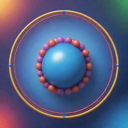 Illustration of an oxygen atom, featuring eight protons and neutrons in the nucleus, with eight electrons in the outer shell, all placed against a vibrant scientific backdrop.