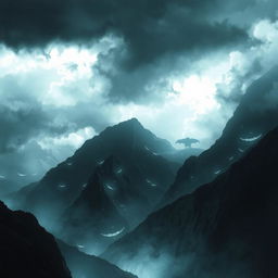 A dramatic landscape featuring dark mountains against a stormy sky illuminated by silver light