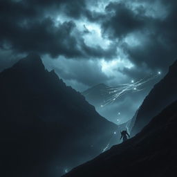 A dramatic landscape featuring dark mountains against a stormy sky illuminated by silver light