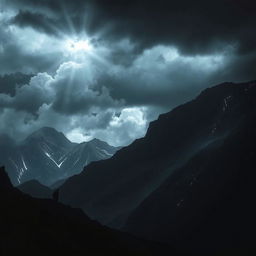 A dramatic landscape featuring dark mountains against a stormy sky illuminated by silver light