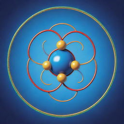 Illustration of an oxygen atom, featuring eight protons and neutrons in the nucleus, with eight electrons in the outer shell, all placed against a vibrant scientific backdrop.