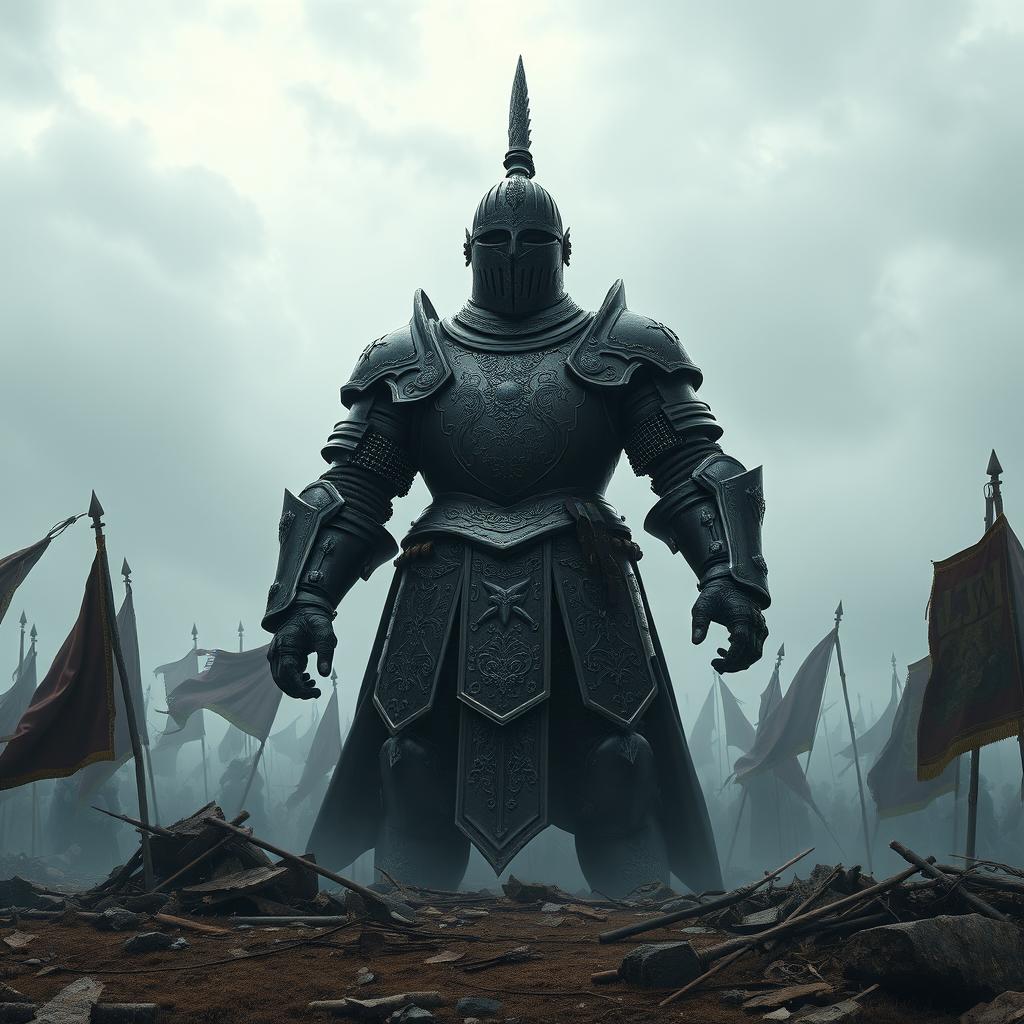 A massive suit of armor towering over a misty battlefield, crafted from heavy, dark iron with ornate engravings and a polished finish that glints in the eerie light