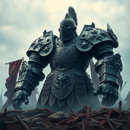 A massive suit of armor towering over a misty battlefield, crafted from heavy, dark iron with ornate engravings and a polished finish that glints in the eerie light