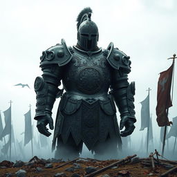 A massive suit of armor towering over a misty battlefield, crafted from heavy, dark iron with ornate engravings and a polished finish that glints in the eerie light