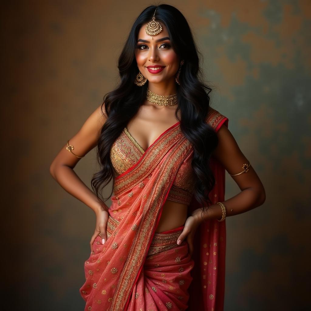 A stunningly beautiful Indian woman wearing an exquisitely designed and very sexy saree that accentuates her perfect curves