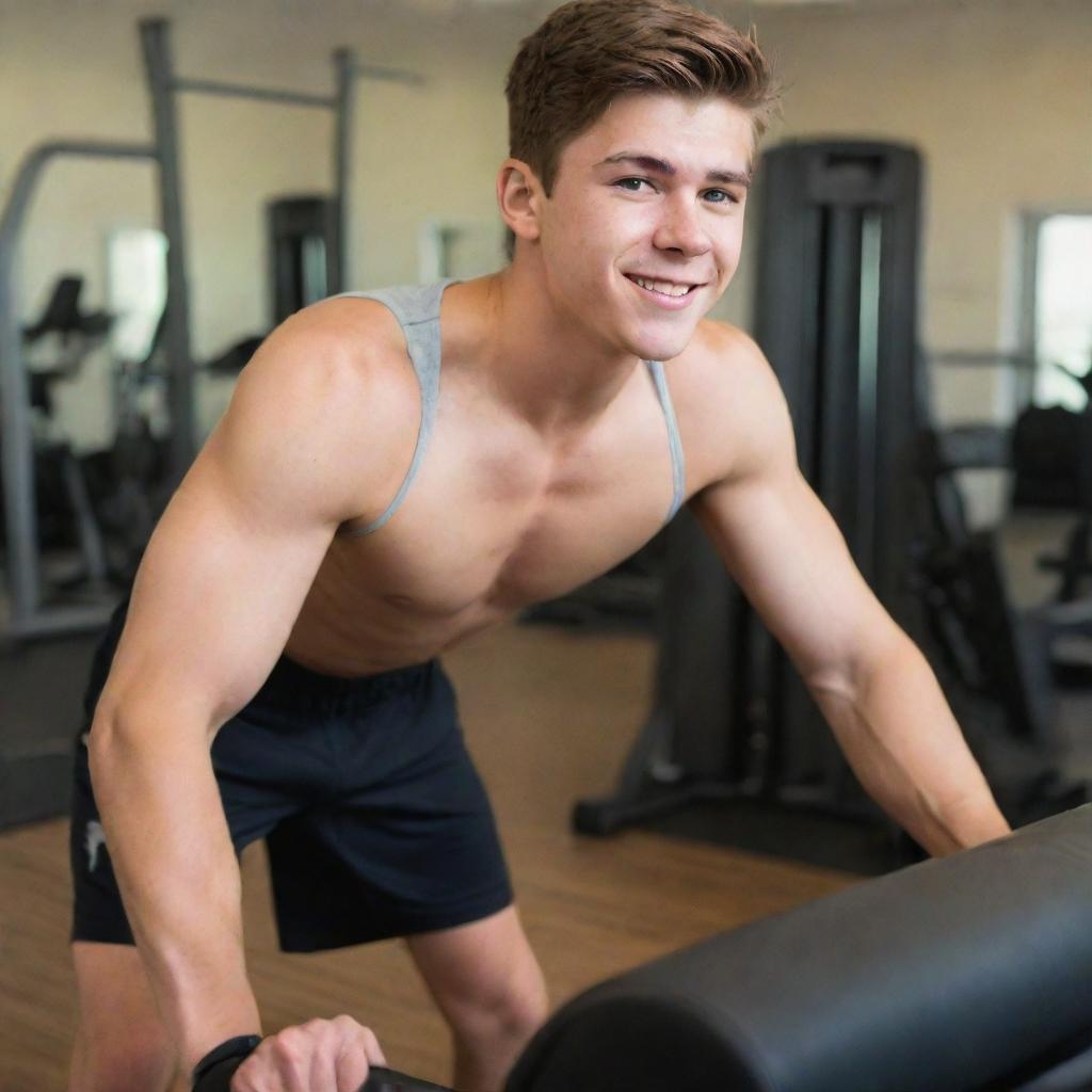 A healthy 17-year-old brown-haired man vigorously working out in a well-equipped gym