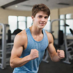 A healthy 17-year-old brown-haired man vigorously working out in a well-equipped gym