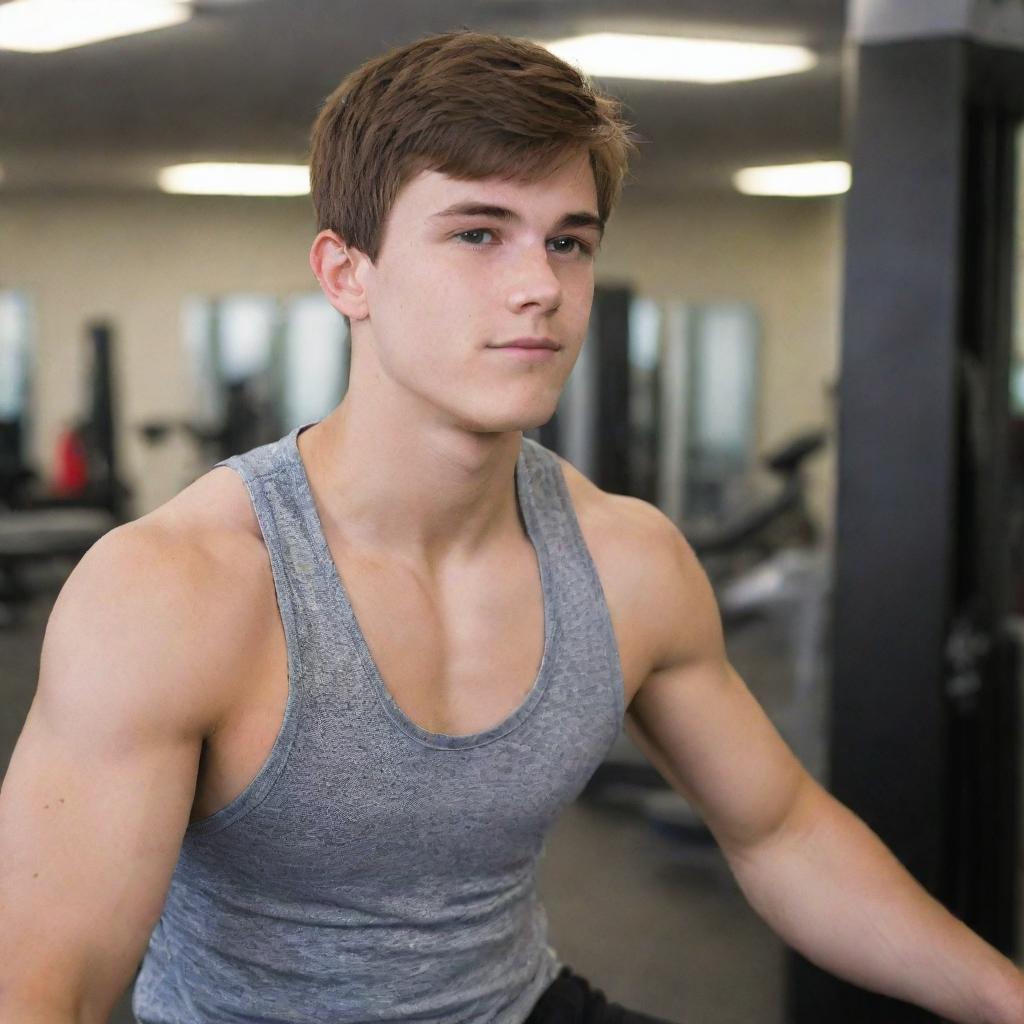 A healthy 17-year-old brown-haired man vigorously working out in a well-equipped gym