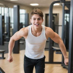 A healthy 17-year-old brown-haired man vigorously working out in a well-equipped gym