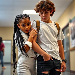 An African American and Hispanic girl with long black braids, dressed in a stylish white outfit, clutching her boyfriend’s shoulder with a frightened expression on her face