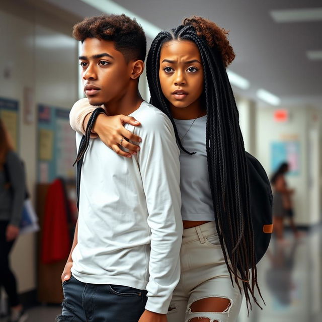 An African American and Hispanic girl with long black braids, dressed in a stylish white outfit, clutching her boyfriend’s shoulder with a frightened expression on her face