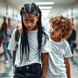 An African American and Hispanic girl with long black braids, dressed in a stylish white outfit, clutching her boyfriend’s shoulder with a frightened expression on her face