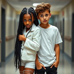 An African American and Hispanic girl with long black braids, dressed in a stylish white outfit, clutching her boyfriend’s shoulder with a frightened expression on her face