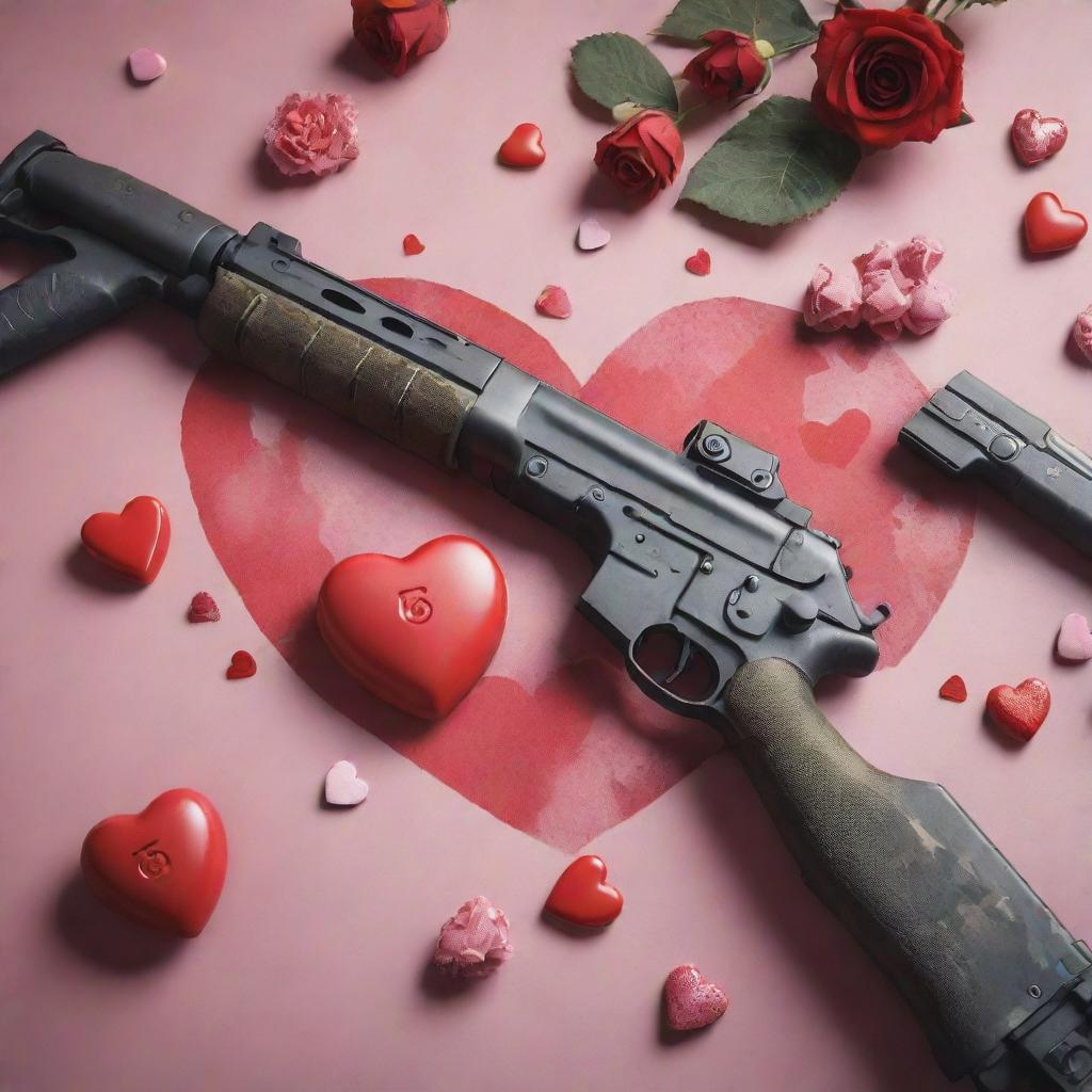 A Valentine's Day themed image incorporated with Call of Duty Mobile elements like weapons, maps, or characters, all with romantic accents such as hearts, roses, and candies.