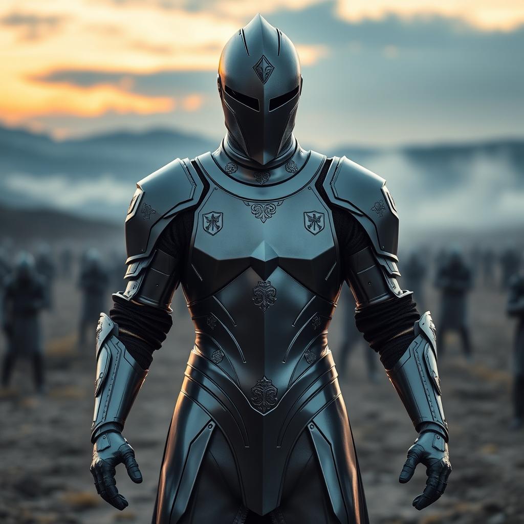 A sleek, slim suit of armor that fits tightly to the body, featuring a modern design with smooth, reflective surfaces