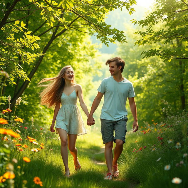 Two teenagers embarking on a romantic adventure, exploring a picturesque landscape together