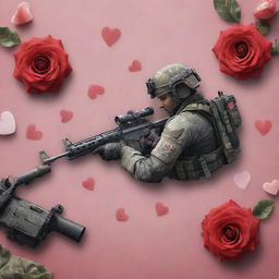 A Valentine's Day themed image incorporated with Call of Duty Mobile elements like weapons, maps, or characters, all with romantic accents such as hearts, roses, and candies.