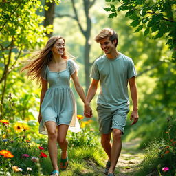 Two teenagers embarking on a romantic adventure, exploring a picturesque landscape together