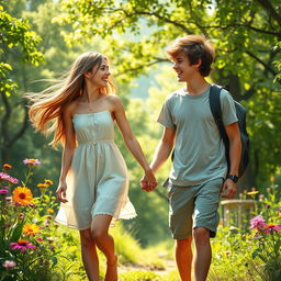 Two teenagers embarking on a romantic adventure, exploring a picturesque landscape together