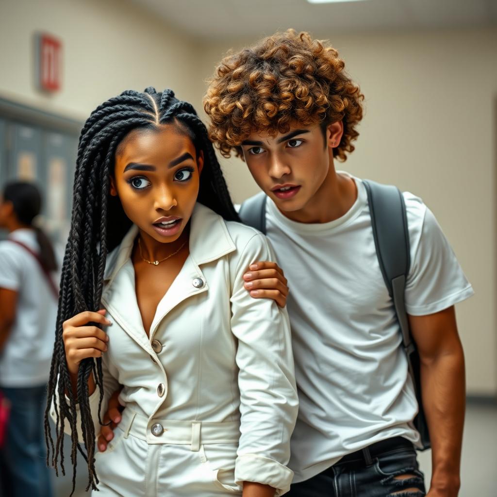 An African American and Hispanic teenage girl with long black braids, dressed in a stylish white outfit, clutching her boyfriend’s shoulder with a scared expression on her face