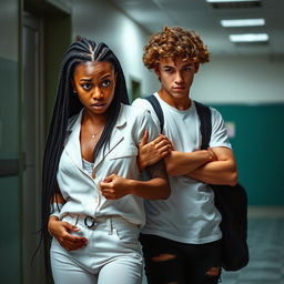 An African American and Hispanic teenage girl with long black braids, dressed in a stylish white outfit, clutching her boyfriend’s shoulder with a scared expression on her face