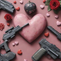 A Valentine's Day themed image incorporated with Call of Duty Mobile elements like weapons, maps, or characters, all with romantic accents such as hearts, roses, and candies.