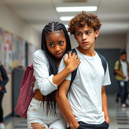 An African American and Hispanic teenage girl with long black braids, dressed in a stylish white outfit, clutching her boyfriend’s shoulder with a scared expression on her face